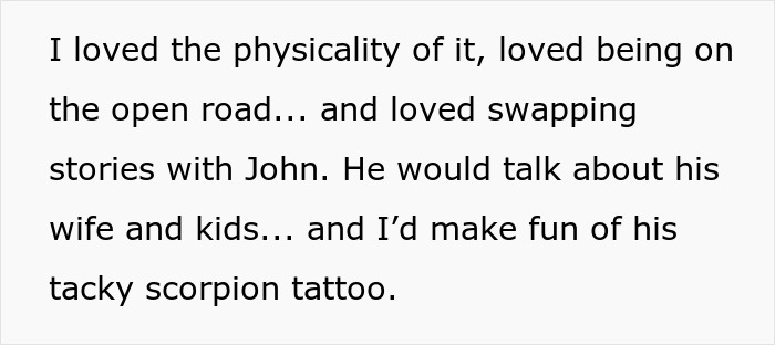 Text excerpt showing a personal story about supporting an overworked and underpaid friend by sharing experiences and humor.