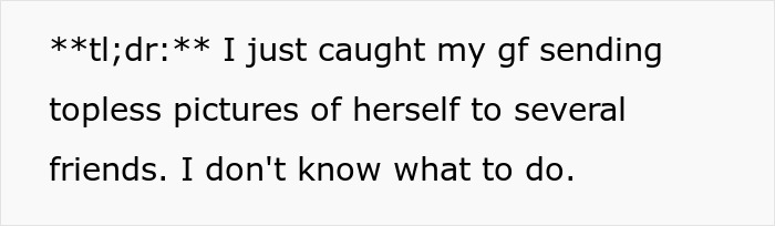 Text message screenshot about girlfriend sending topless pictures to friends, highlighting concerns over piercings and multiple recipients.