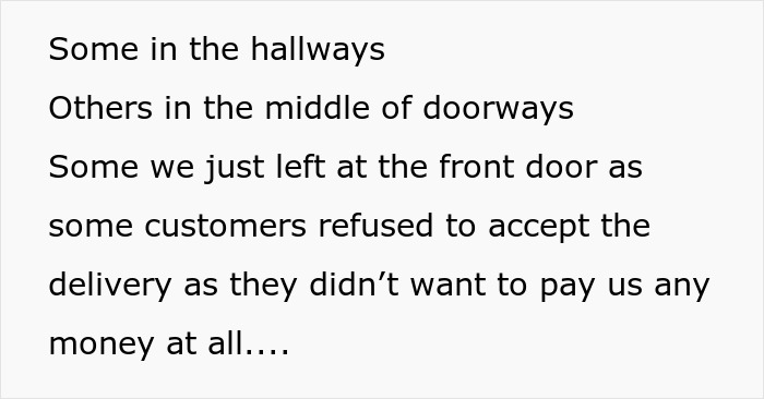 Text excerpt discussing challenges with customers refusing delivery and not paying, highlighting overworked and underpaid friend’s situation.