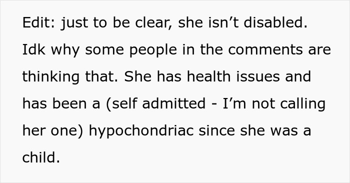 A text box clarifying that the best friend is a self-admitted hypochondriac, not disabled, for skipping the wedding.