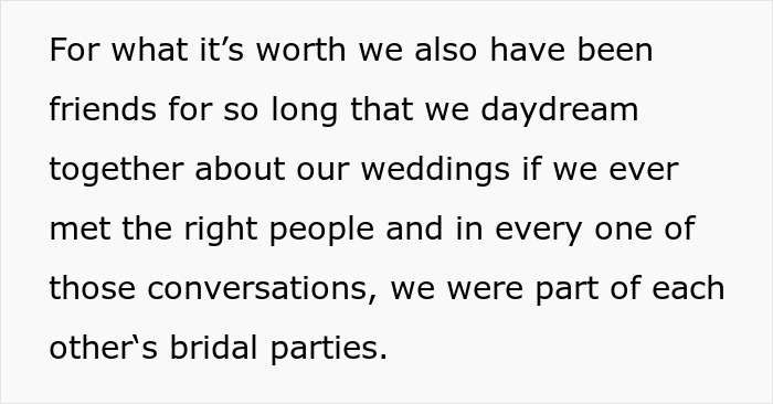Text describing a Christian bride excluding a Muslim best friend, highlighting shared wedding dreams and bridal parties.