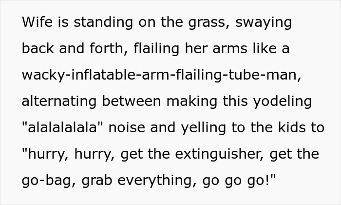 Wife on grass flailing arms like inflatable tube man, yelling emergency commands to kids in urgent family preparedness scene