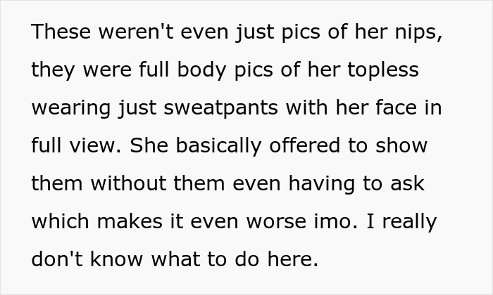 Text excerpt describing a topless girl showing piercings in full-body pics sent to 11 friends, sparking boyfriend&rsquo;s reaction.