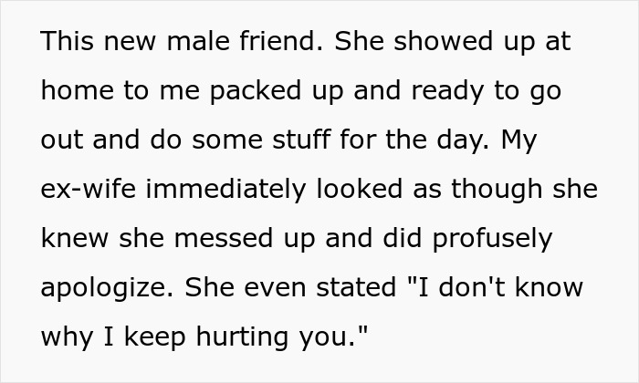 Text describing a man's wife and her male coworker dilemma. The wife appears, apologizes, and expresses confusion about hurting him.