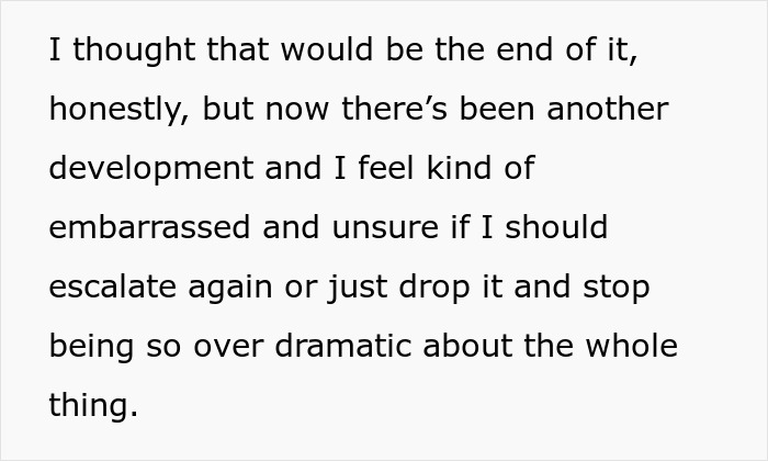 Text box with black font, a woman describing feeling embarrassed and unsure about escalating an issue with her feeding tube.