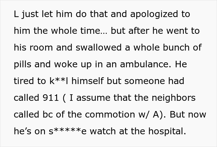 Text detailing the aftermath of discovering an affair, where someone attempted s*******m and is now on watch at the hospital.