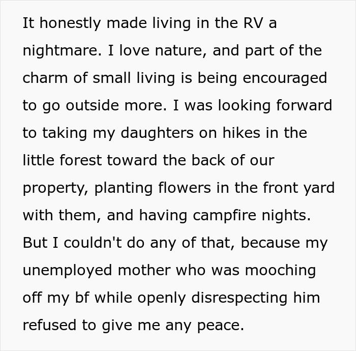 Woman shares a crazy story about her mom causing family drama and disrupting peaceful outdoor plans at home.