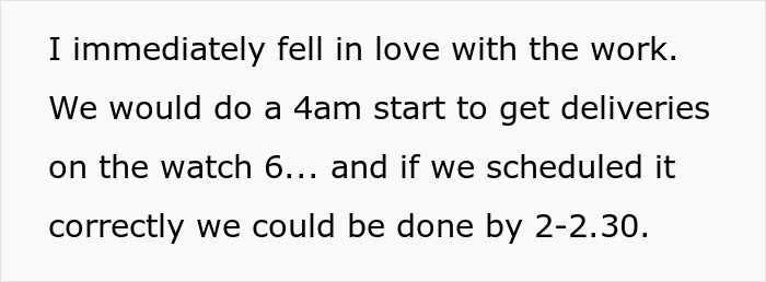 Text excerpt showing a personal account of working early shifts to help an overworked and underpaid friend.