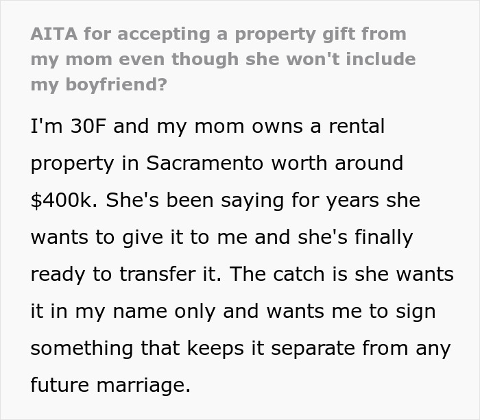 Text from an online forum, a woman accepting property in her name, raising a question about fairness to her boyfriend.