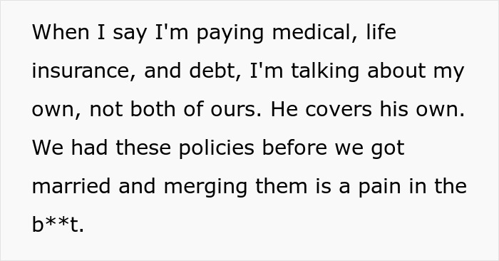 Text detailing a woman's financial independence and reluctance to merge policies, leading to her decision to quit the marriage.
