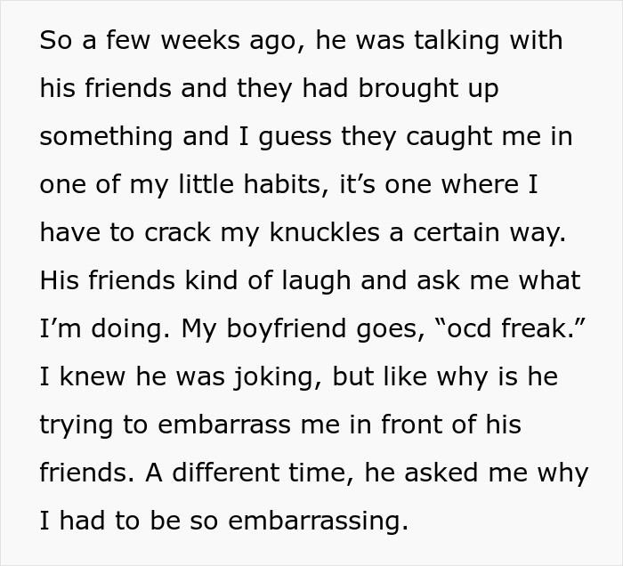 Text excerpt describing a woman reflecting on a moment that revealed relationship tensions before ending it over one cent.