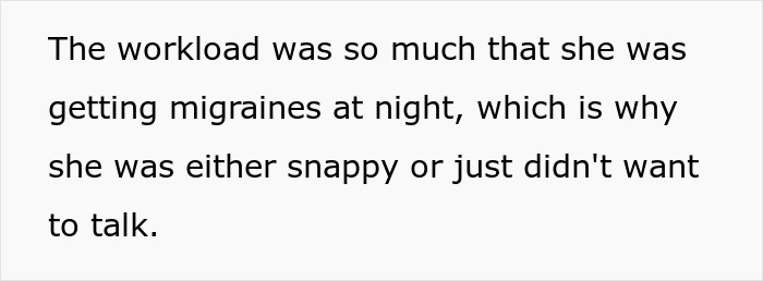 Text about heavy workload causing migraines and communication issues during night in a marriage with pregnant partner.