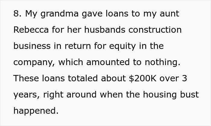 Text excerpt describing a loan of $200K given to a family business, related to penalties and financial revenge.