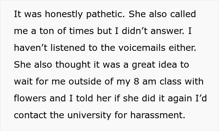 Text describing ignoring calls and threatening university harassment