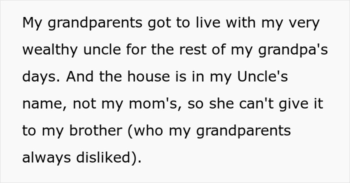 Text excerpt from woman sharing a crazy story about her mom involving a wealthy uncle and family inheritance.