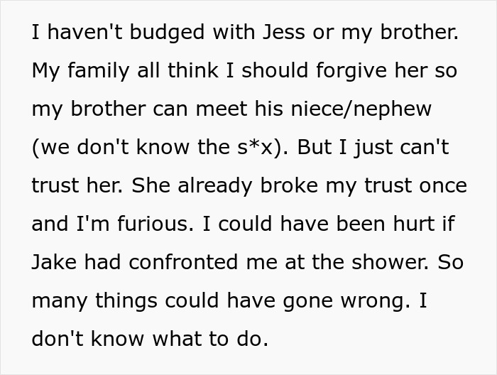 Text excerpt showing a frustrated woman discussing broken trust and family drama involving unstable ex and pregnancy.