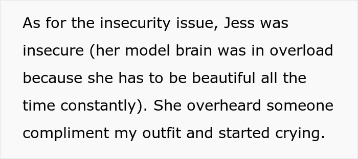 A screenshot of text on a white background, describing Jess's insecurity and how she cried when someone complimented an outfit, relating to a groom's bride picking a dress.