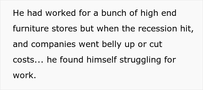 Text describing a man helping an overworked and underpaid friend facing job struggles during a recession.