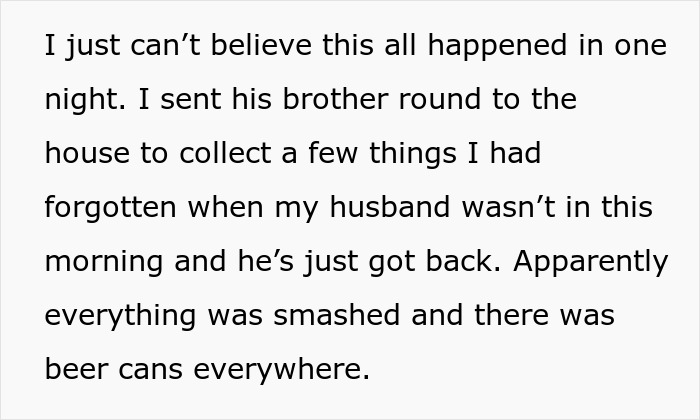 Screenshot of text describing a wife discovering evidence of her husband&rsquo;s affair and involving his brother in revenge.