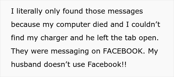 Text on a white background: a woman discovers her husband's affair through a Facebook tab left open, revealing disturbing details.