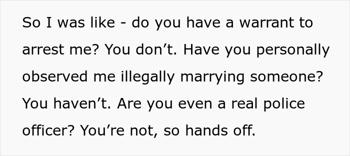 Text showing a conversation challenging a fake arrest attempt by a homophobic MIL pretending to be police, while the son’s boyfriend is a real officer.