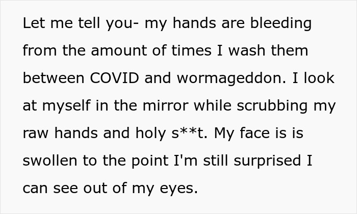 Woman scrubbing hands raw from washing too much, sharing experience with senior cat tapeworms and regret.
