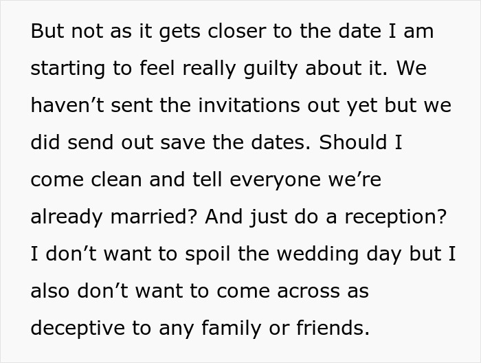 Casal se casa legalmente meses antes da cerimônia de casamento, noiva começa a entrar em pânico pensando que isso vai incomodar os convidados