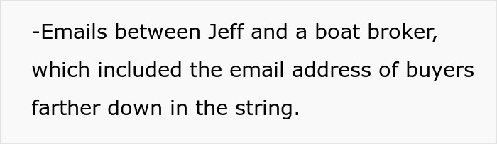Text displaying emails between Jeff and a boat broker, including buyers' email addresses, showing a Destroying His New Life scenario.