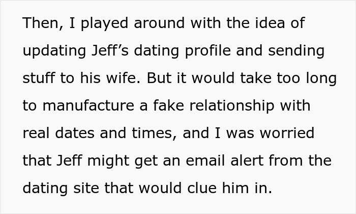 A text box outlining a revenge plan against Jeff's dating profile. Friend plans to destroy his new life.