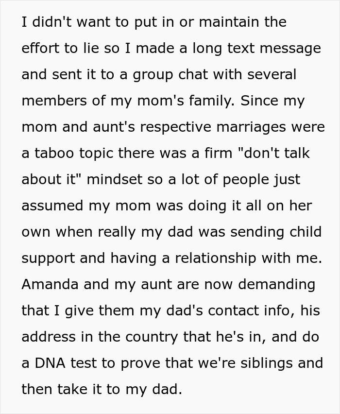 Text message about confusing and wild family dynamic causing drama over DNA tests and child support disputes.