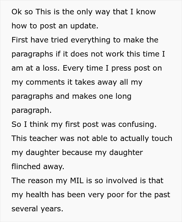 Text post discussing a teacher grabs kids incident and a mom's reaction to being called out online.