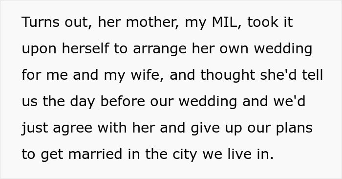 Text excerpt describing a toxic mother-in-law refusing to leave and causing conflict about housing and wedding plans.