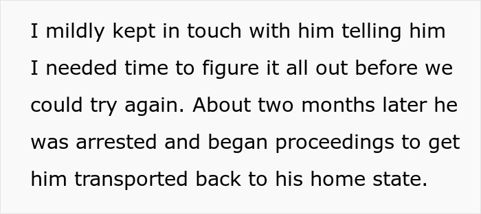 Text excerpt showing a woman explaining the arrest and legal actions against a criminal and cheater exposed by his ex-girlfriend.