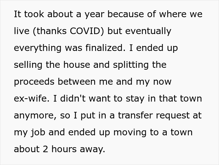 Text excerpt discussing a man finalizing divorce, selling house, and relocating after splitting with ex-wife.