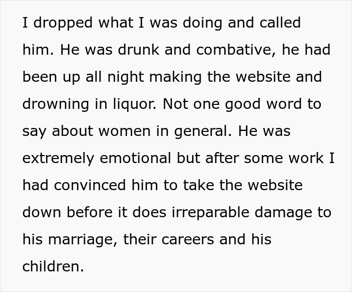 Text excerpt discussing emotional damage to marriage and careers caused by a website, with advice to take it down. Text excerpt discussing emotional damage to marriage and careers caused by a website, with advice to take it down.