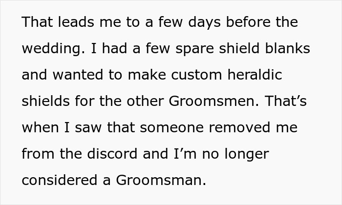 Text excerpt about a guy being removed as a groomsman from a friend's wedding after his ex-girlfriend's interference.