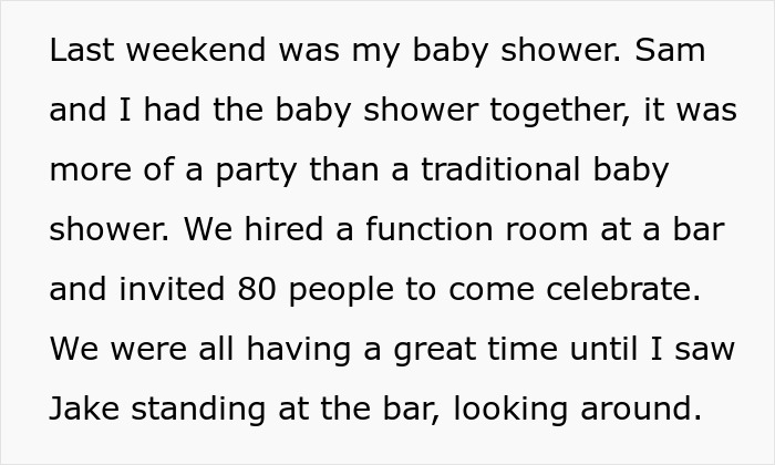 Text excerpt about a pregnant woman&rsquo;s baby shower interrupted by an unstable ex linked to SIL feeding information.