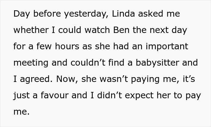 Image text: babysitting Ben for Linda, an unpaid favor. Context: woman tries to transition son into vegan.