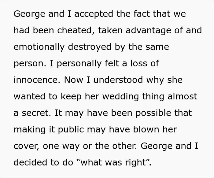 Text excerpt describing emotional betrayal and decision to expose cheating and scamming by a woman revealed on local news.