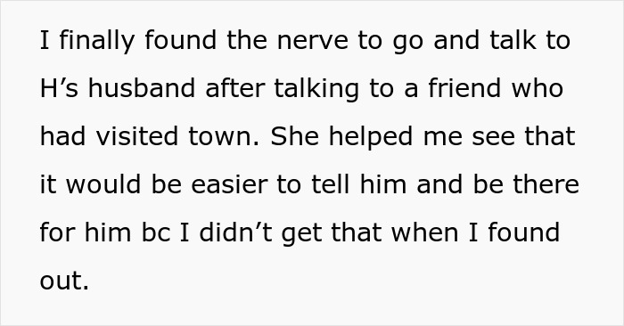 Text on a light background, detailing a woman discovering husband's affair and deciding to expose it to him.