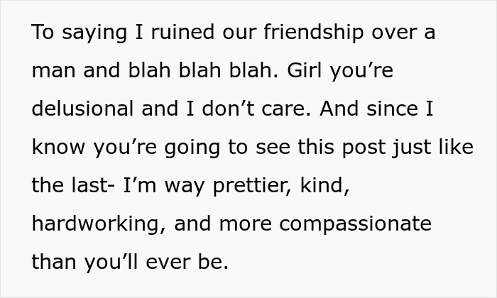 Text from a social media post, part of an affair exposure story, revealing a woman's heated message to her former friend.