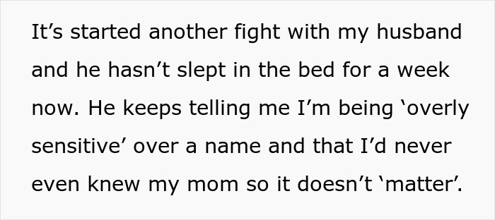 Text screenshot showing a wife's account of a fight with her husband over a baby name, highlighting family dinner drama.