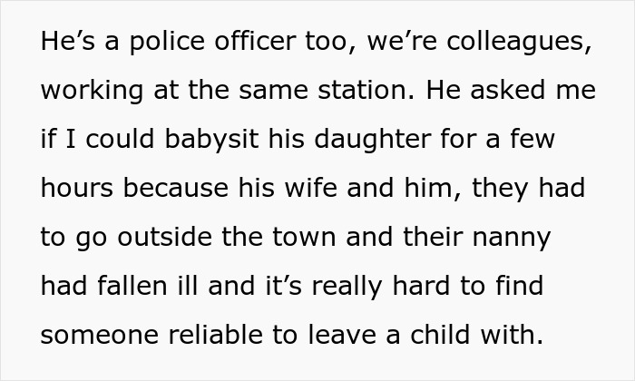 Text excerpt discussing a police officer colleague babysitting due to a nanny's illness, related to homophobic MIL and police conflict.