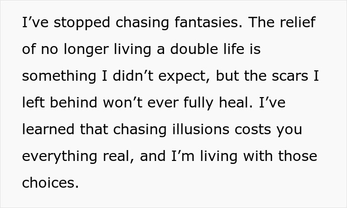 Alt text: Person reflecting on the harsh lesson learned from chasing a fantasy and facing consequences of cheating.