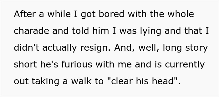 Text describing a wife telling her husband she faked quitting her job, leading to him being furious. A woman decides to quit her marriage.