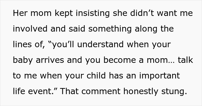 Text describing a cruel mom's dismissive remark about a child's period to an intervening stepmom, highlighting the emotional sting.