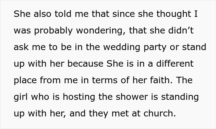 Text detailing Christian bride excluding Muslim friend from wedding party due to faith differences, part of a gift registry issue.