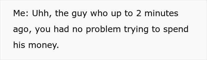 Text image showing a sarcastic remark about an entitled mom assuming a random guy will buy her kids food.