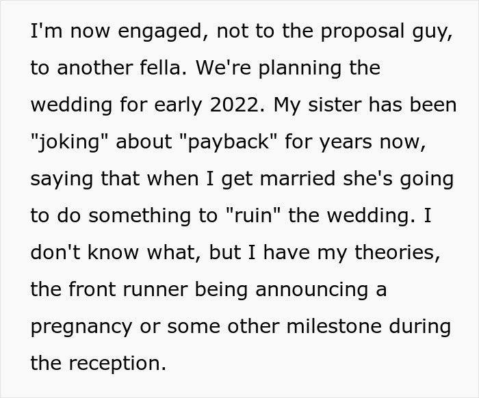 Text discussing a woman worried her sister will sabotage her wedding due to past incidents and considering uninviting her.