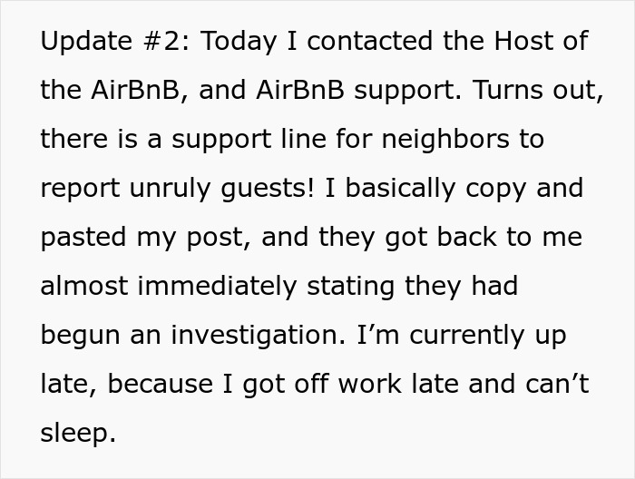 Text update about contacting Airbnb and support line for reporting unruly guests while dealing with a parking spot dispute.